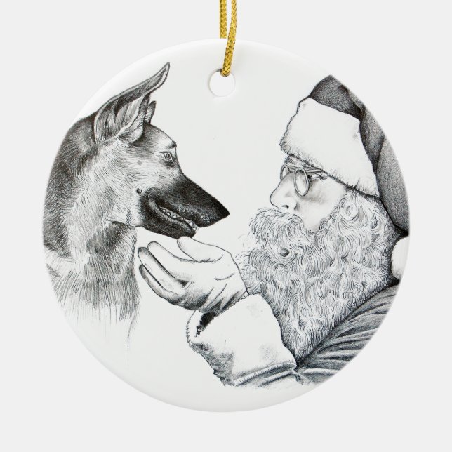German Shepherd and Santa Claus Ceramic Ornament (Front)