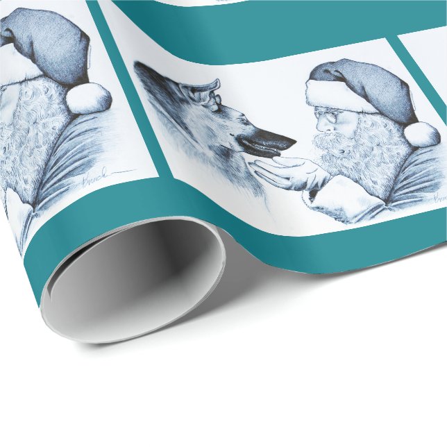 German Shepherd and Santa Claus Wrapping Paper (Roll Corner)