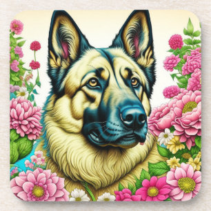 German Shepherd and Whimsical Flowers Coaster