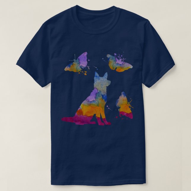 German Shepherd Art Colourful Dog And Butterflies T-Shirt (Design Front)