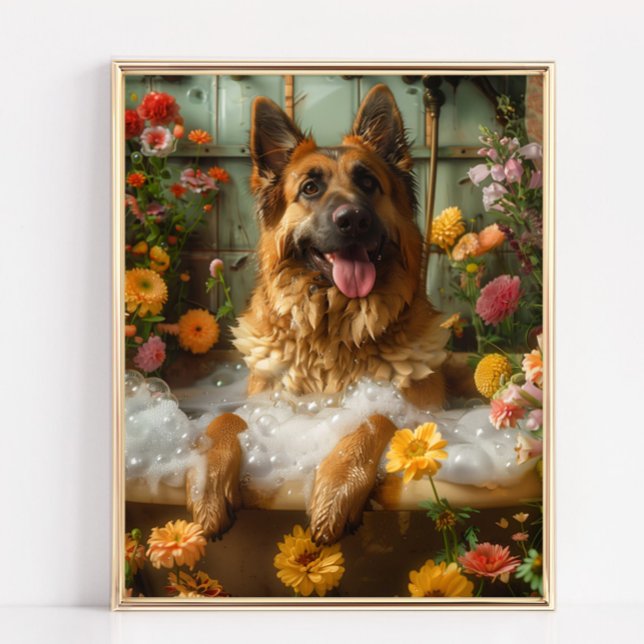 German Shepherd Art, German Shepherd in Bathtub Poster (German Shepherd Art - German Shepherd enjoying a relaxing bath full of bubbles and beautiful flowers)