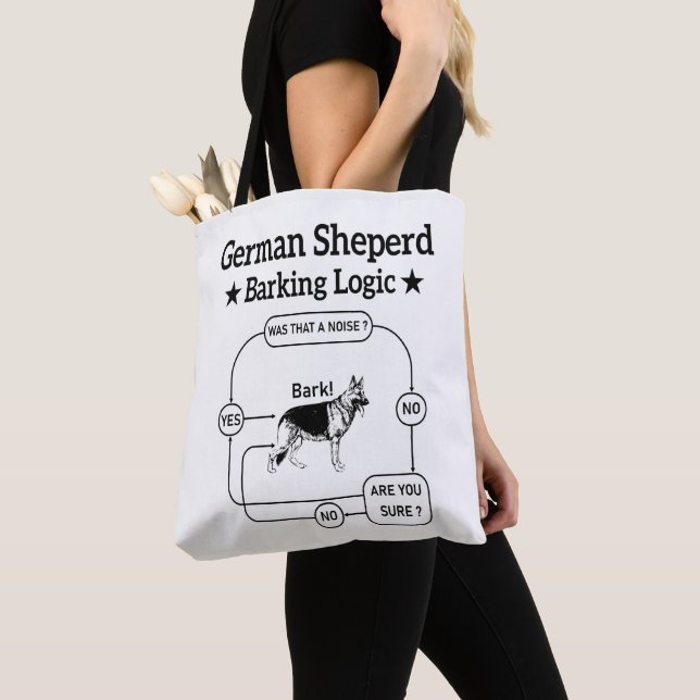 German Shepherd Barking Logic Funny Dog Sarcastic Tote Bag (Close Up)