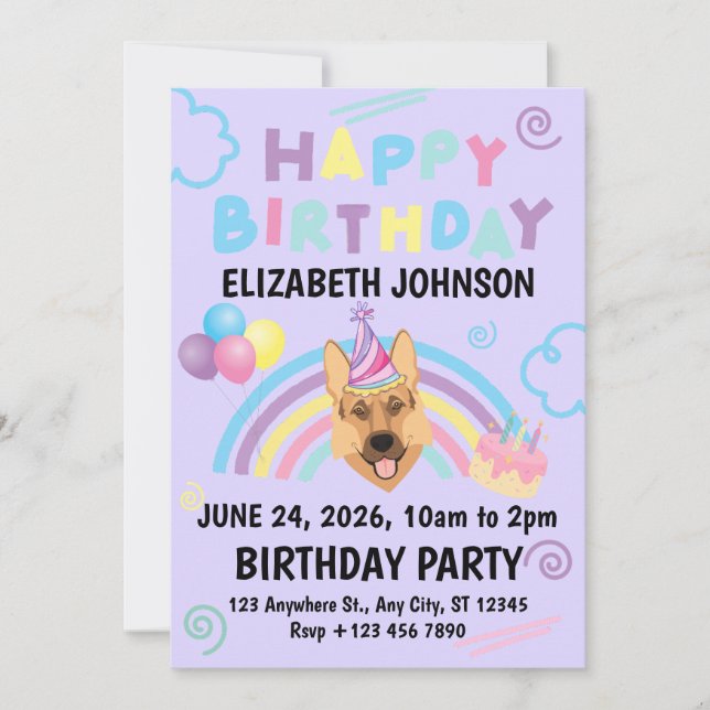 German Shepherd Birthday Invitation in Purple (Front)