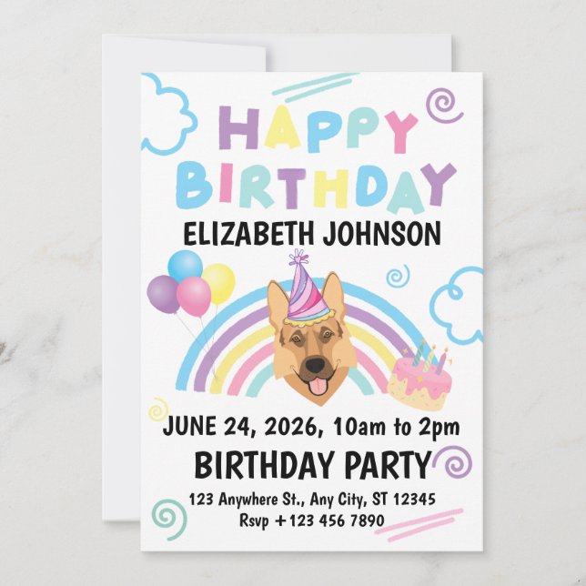 German Shepherd Birthday Invitation in White (Devant)