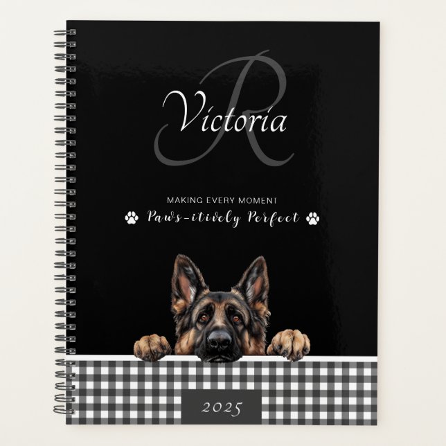 German Shepherd Black White Gingham Custom  Planner (Front)