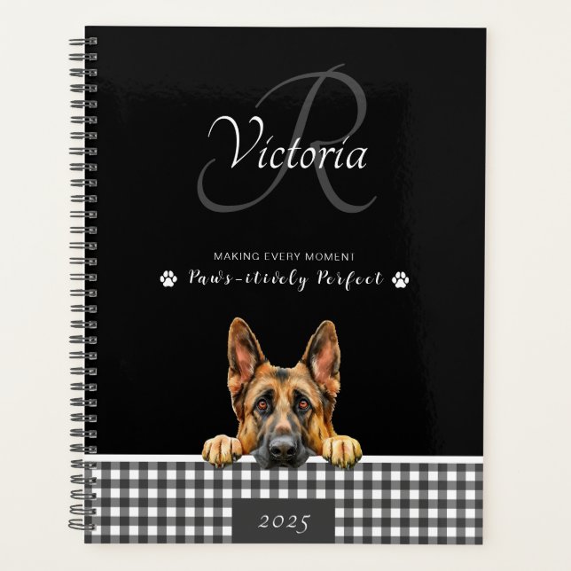 German Shepherd Black White Plaid Custom  Planner (Front)