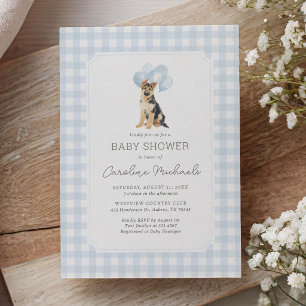 German Shepherd Blue Gingham Baby Shower Invitation