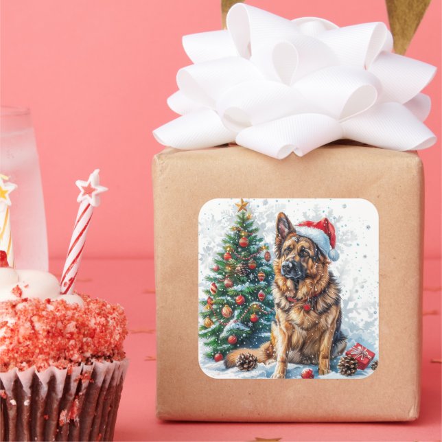 German Shepherd by Snowy Christmas Tree Square Sticker (Party)