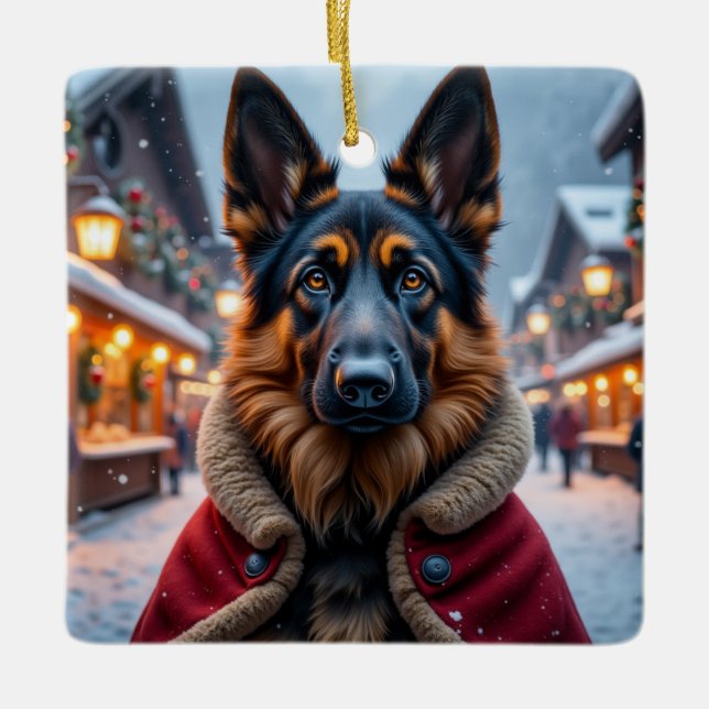 German Shepherd Christmas Art Ceramic Ornament (Front)