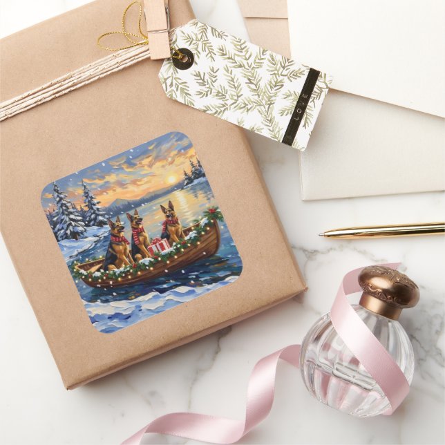 German Shepherd Christmas Boat Holiday Square Sticker (Gifting)