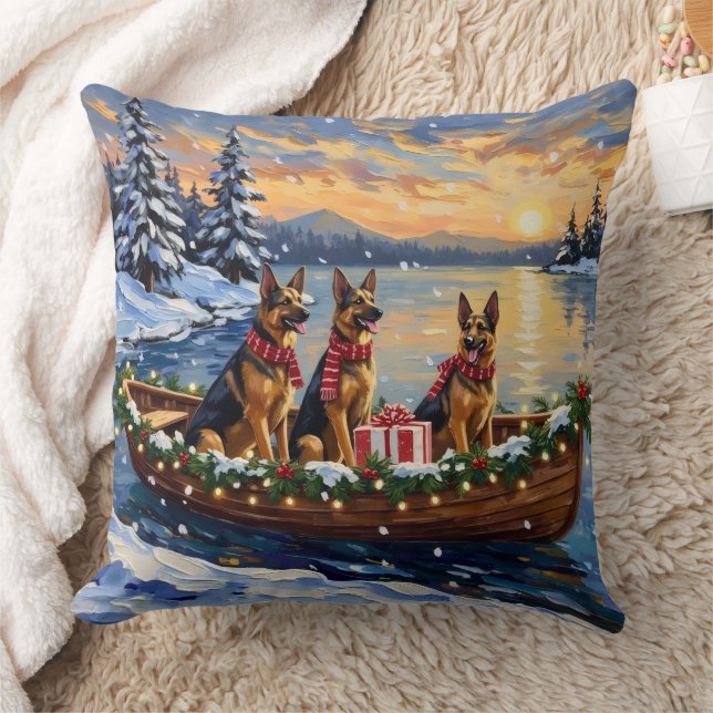 German Shepherd Christmas Boat Holiday Throw Pillow (Blanket)