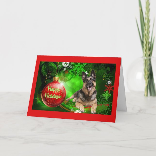 German Shepherd Christmas Card Red Ball Green (Front)