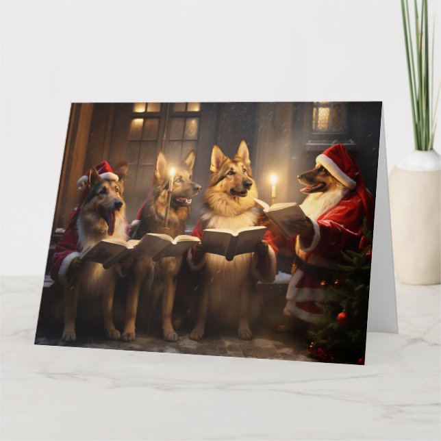 German Shepherd Christmas Carolers Festive Holiday Card (Front)