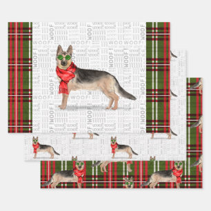 German Shepherd Christmas Dog and Plaid Wrapping Paper Sheet