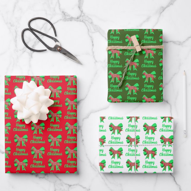 German Shepherd Christmas Dog & Green Bow 3 Color Wrapping Paper Sheet (Front)