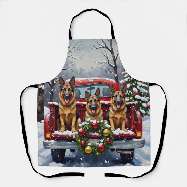 German Shepherd Christmas Red Truck Holiday Apron (Front)