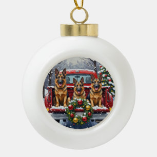 German Shepherd Christmas Red Truck Holiday Ceramic Ball Christmas Ornament