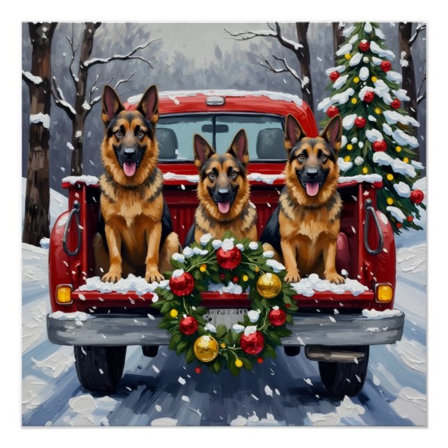 German Shepherd Christmas Red Truck Holiday Poster (Front)