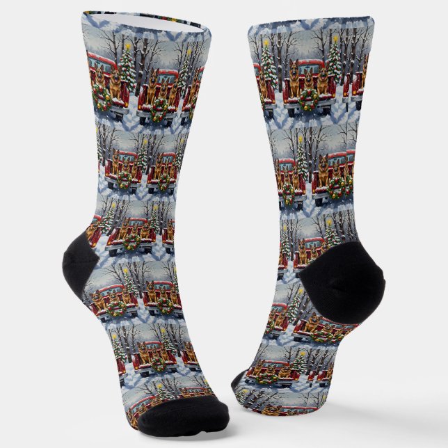 German Shepherd Christmas Red Truck Holiday Socks (Angled)
