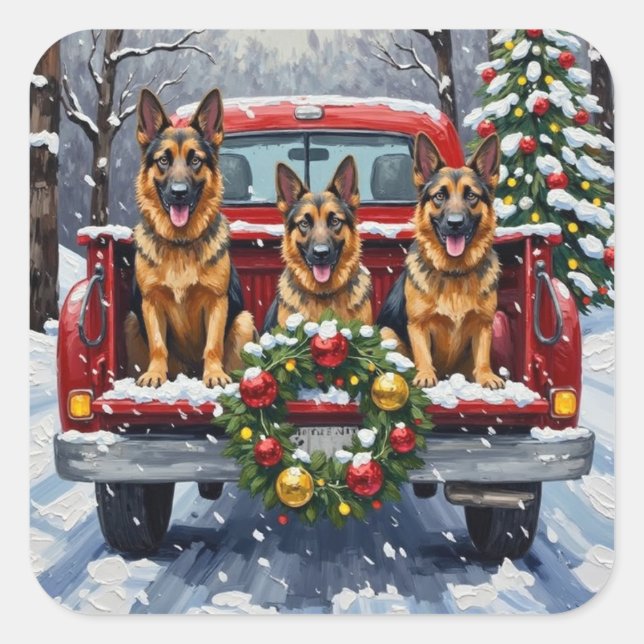 German Shepherd Christmas Red Truck Holiday Square Sticker (Front)