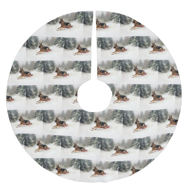 German Shepherd Christmas snow winter  Brushed Polyester Tree Skirt (Front)