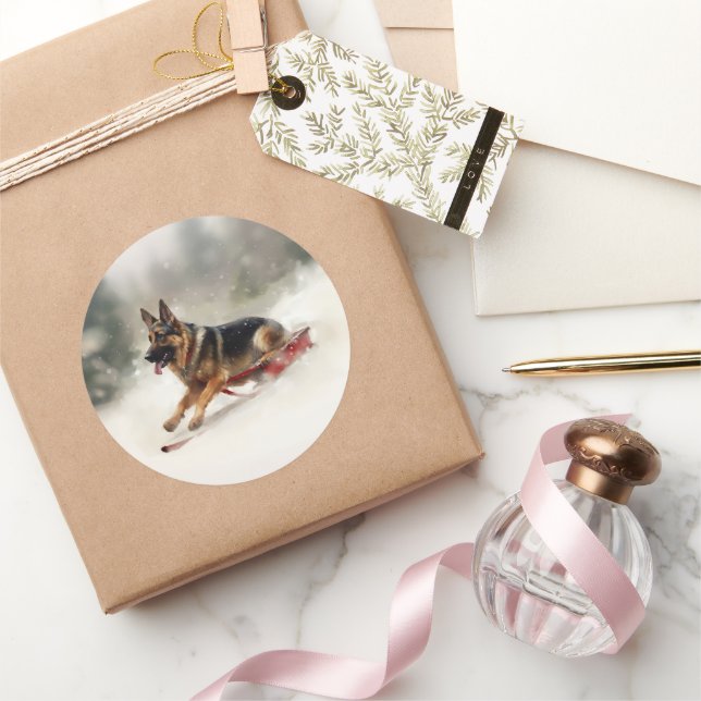 German Shepherd Christmas snow winter  Classic Round Sticker (Gifting)