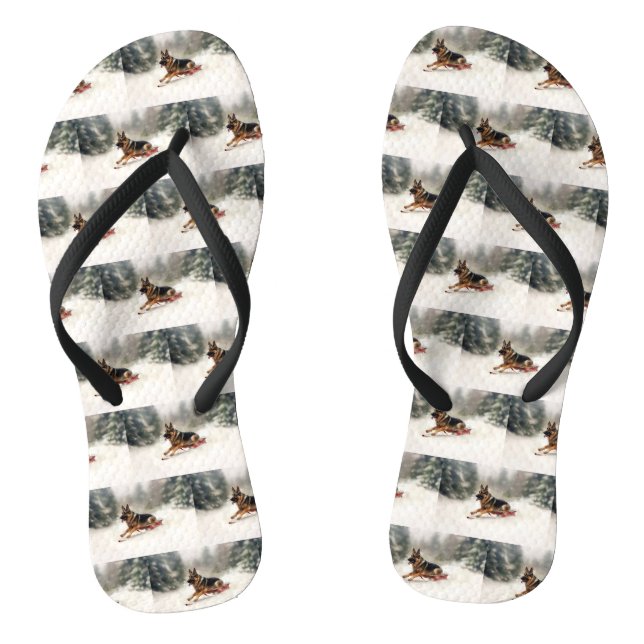 German Shepherd Christmas snow winter  Flip Flops (Footbed)