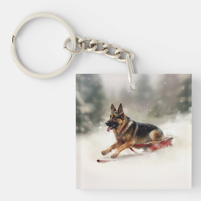 German Shepherd Christmas snow winter  Keychain (Front)
