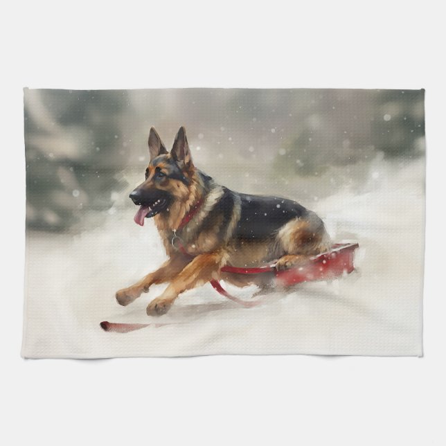 German Shepherd Christmas snow winter  Kitchen Towel (Horizontal)
