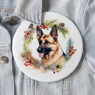 German Shepherd Christmas Wreath Festive Pup 6 Inch Round Button
