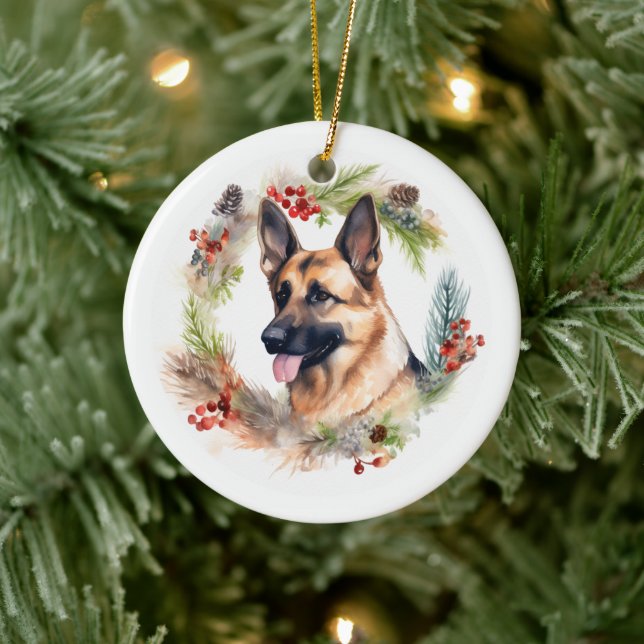 German Shepherd Christmas Wreath Festive Pup  Ceramic Ornament (Tree)