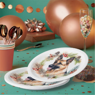 German Shepherd Christmas Wreath Festive Pup Paper Plate