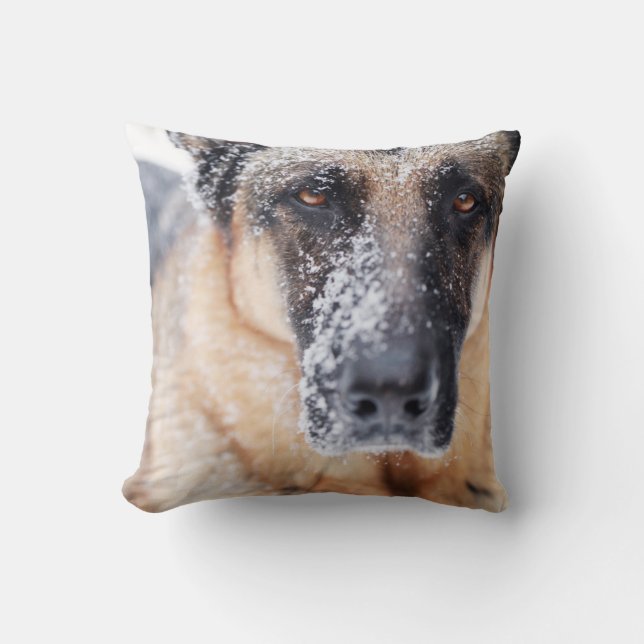 German Shepherd Closeup Covered In Snow Throw Pillow (Front)