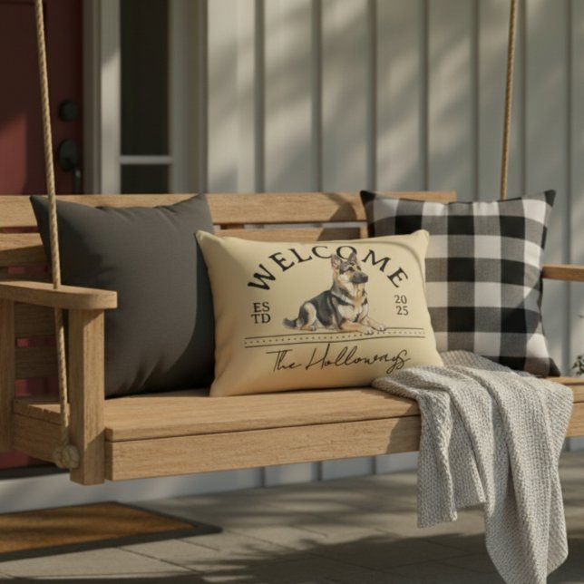 German Shepherd Custom Family Name Welcome Accent Pillow (Welcome guests to your home with this German Shepherd Custom Family Name Welcome Throw Pillow!)