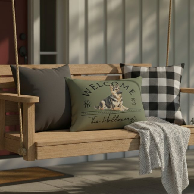 German Shepherd Custom Family Name Welcome Accent Pillow (Welcome guest to your home with this German Shepherd Custom Family Name Welcome Throw Pillow!)