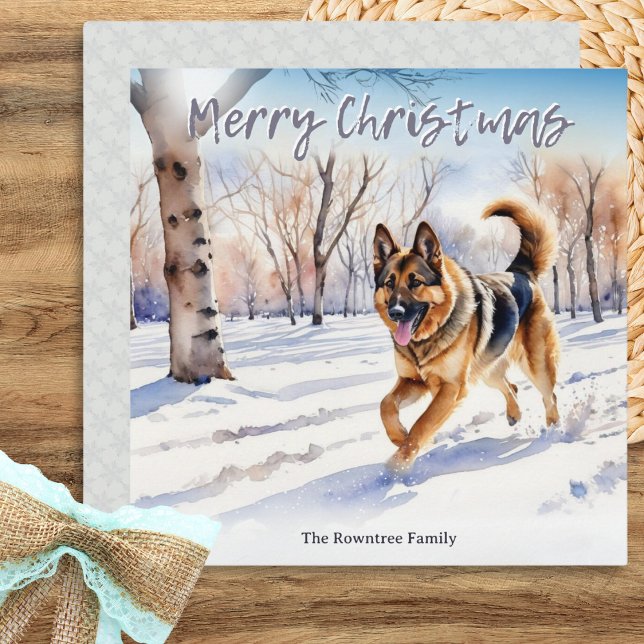 German Shepherd Dog Alsatian Snow Christmas Holiday Card (A Christmas card with watercolor style illustration of a German shepherd dog in the winter snow)