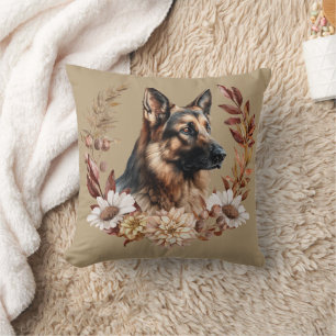 German Shepherd Dog Autumn Wreath Throw Pillow