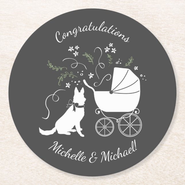 German Shepherd Dog Baby Shower Genderless Round Paper Coaster (Front)