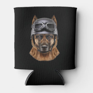 German Shepherd Dog, Biker In Motorcycle Helmet Can Cooler