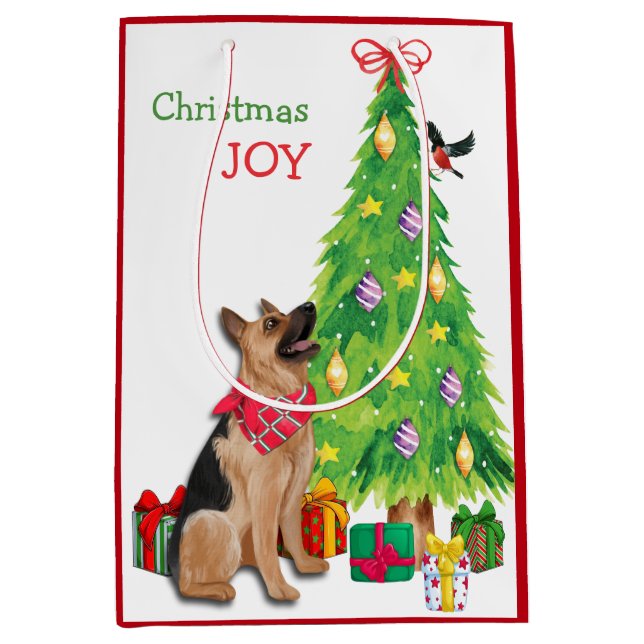 German Shepherd Dog, Bird, and Christmas Tree Medium Gift Bag (Front)