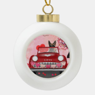 German Shepherd Dog Car with Hearts Valentine's Ceramic Ball Christmas Ornament