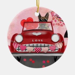 German Shepherd Dog Car with Hearts Valentine's Ceramic Ornament