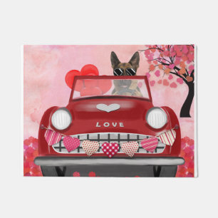 German Shepherd Dog Car with Hearts Valentine's Doormat
