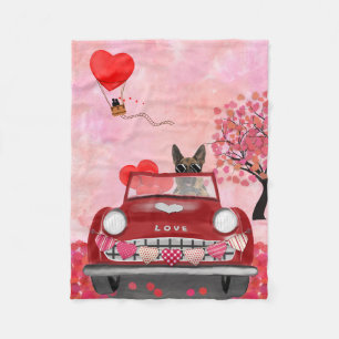 German Shepherd Dog Car with Hearts Valentine's Fleece Blanket