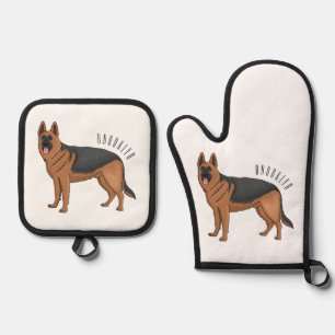 German shepherd dog cartoon illustration  oven mitt & pot holder set