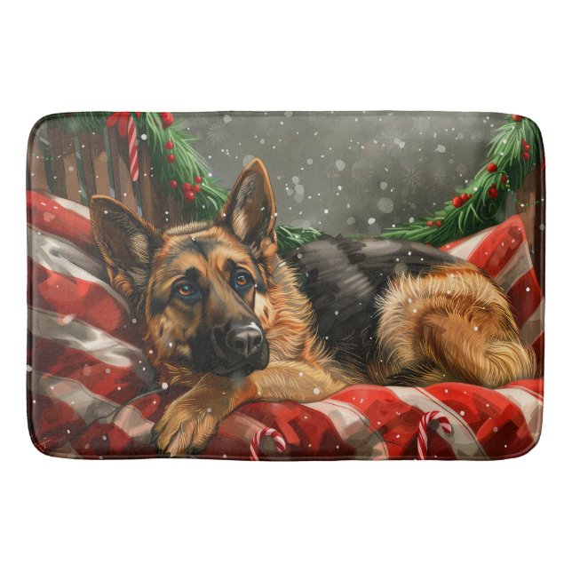 German Shepherd Dog Christmas Festive Bath Mat (Front)