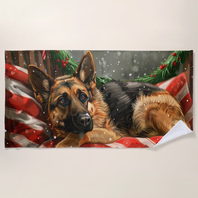 German Shepherd Dog Christmas Festive Beach Towel (Front)