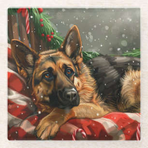 German Shepherd Dog Christmas Festive Glass Coaster