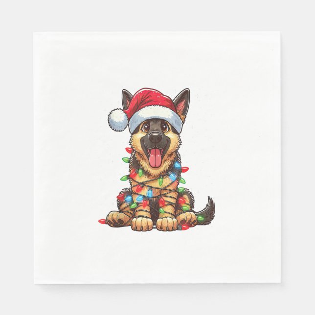 German Shepherd Dog Christmas Lights Santa Hat Xma Napkin (Front)