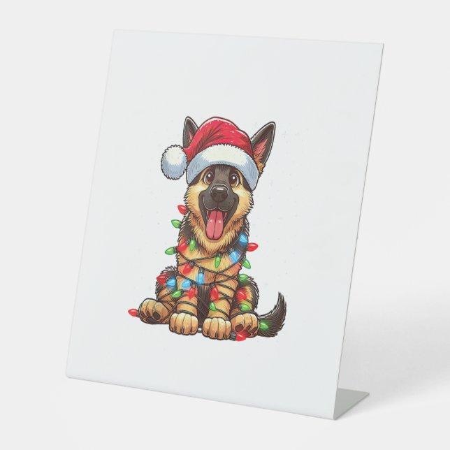 German Shepherd Dog Christmas Lights Santa Hat Xma Pedestal Sign (Front)
